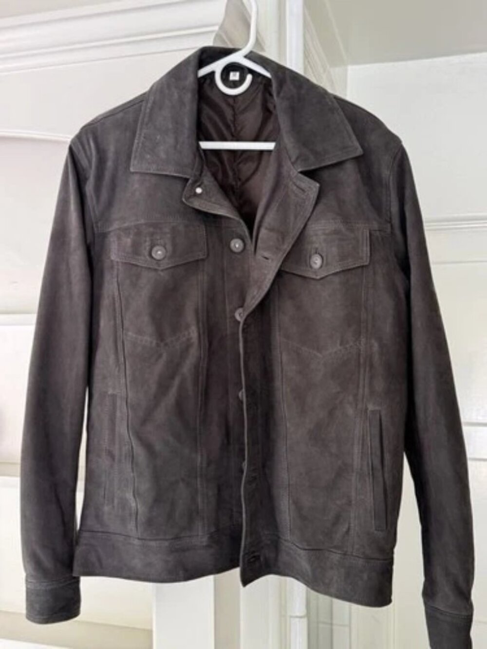 Suede Trucker Jacket, Chocolate Brown, Custom, No Brand, Size Medium